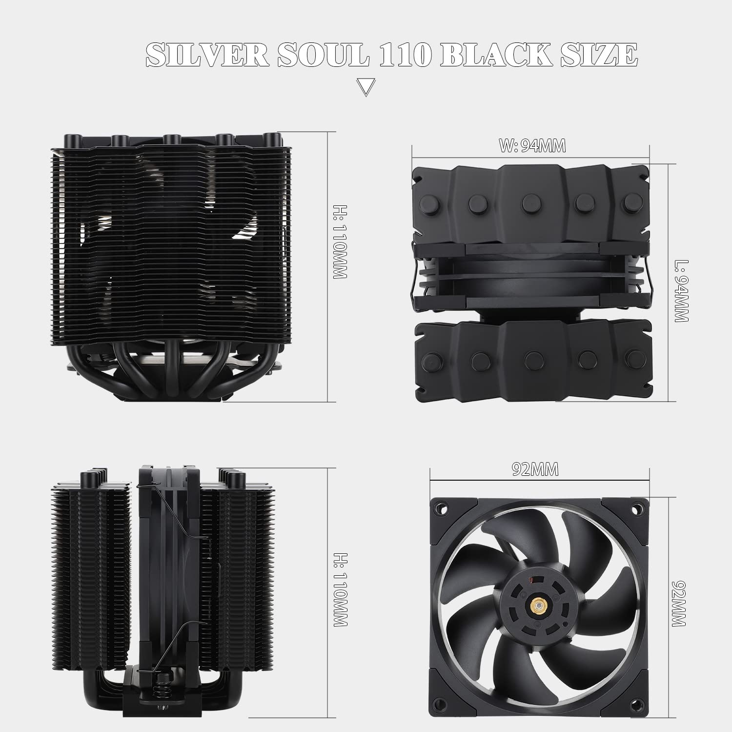 Silver Soul 110 Black Dual Tower CPU Air Cooler, 5x6mm Heat Pipes, TL-B9B PWM Fan, Aluminium Heatsink Cover, AGHP Technology, for AMD AM4/AM5 Intel 1700/1150/1151/1200/2011/2066