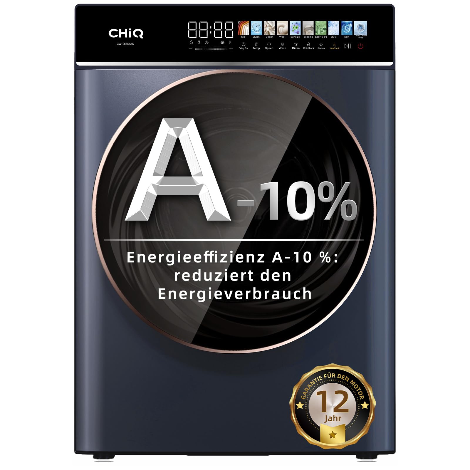 CHiQ CW106581AX Waschmaschine 10 kg, EEK A-10%| LED-Touchscreen, 1400 U/M | 12 Waschzyklen Speed Wash, Eco, Dampf, Timer| Frontlader washer, Wohnungen, Hotels, Schwarz