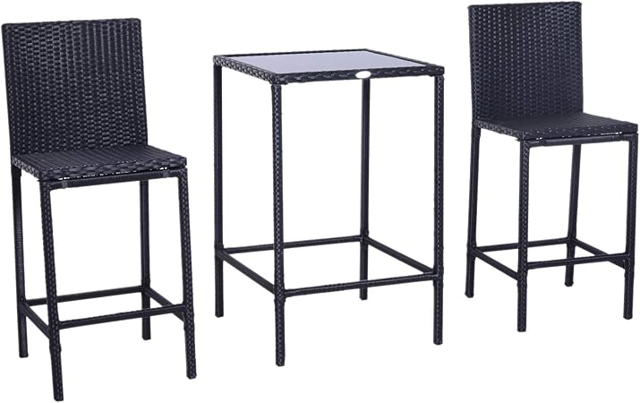 Amazon Com Outsunny 3 Piece Outdoor Patio Wicker Bar Set Outside Rattan Dining Table Chair Stool Set With Glass Top Garden Outdoor