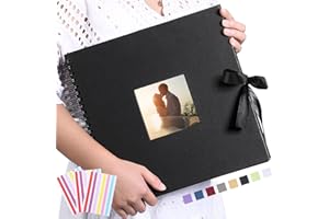 Vienrose Scrapbook Photo Album with Corner Stickers 12x12 inches DIY with Cover Photo Pocket 80 Pages Silk Ribbon Hardcover Album for Guest Book Wedding Baby Shower Christmas Black