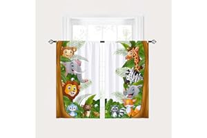 YUANZU Forest Animal Curtains Rod Pocket Kids Boys Girls Giraffe Lion Elephant Monkey Zebra Rhinoceros Jungle Zoo Print Pattern Window Drapes for Nursery Baby Bedroom Playroom W28 x L48 Inch 2 Panels