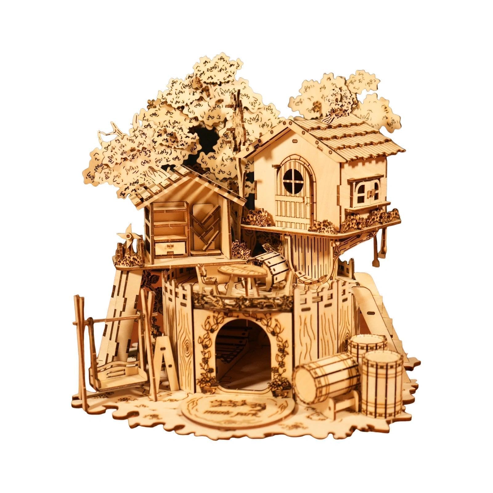 Music Park 3D Wooden Puzzle Treehouse for Adult to Build DIY Miniature Model Kit without LED Home Decor,Christmas and Birthday Gift