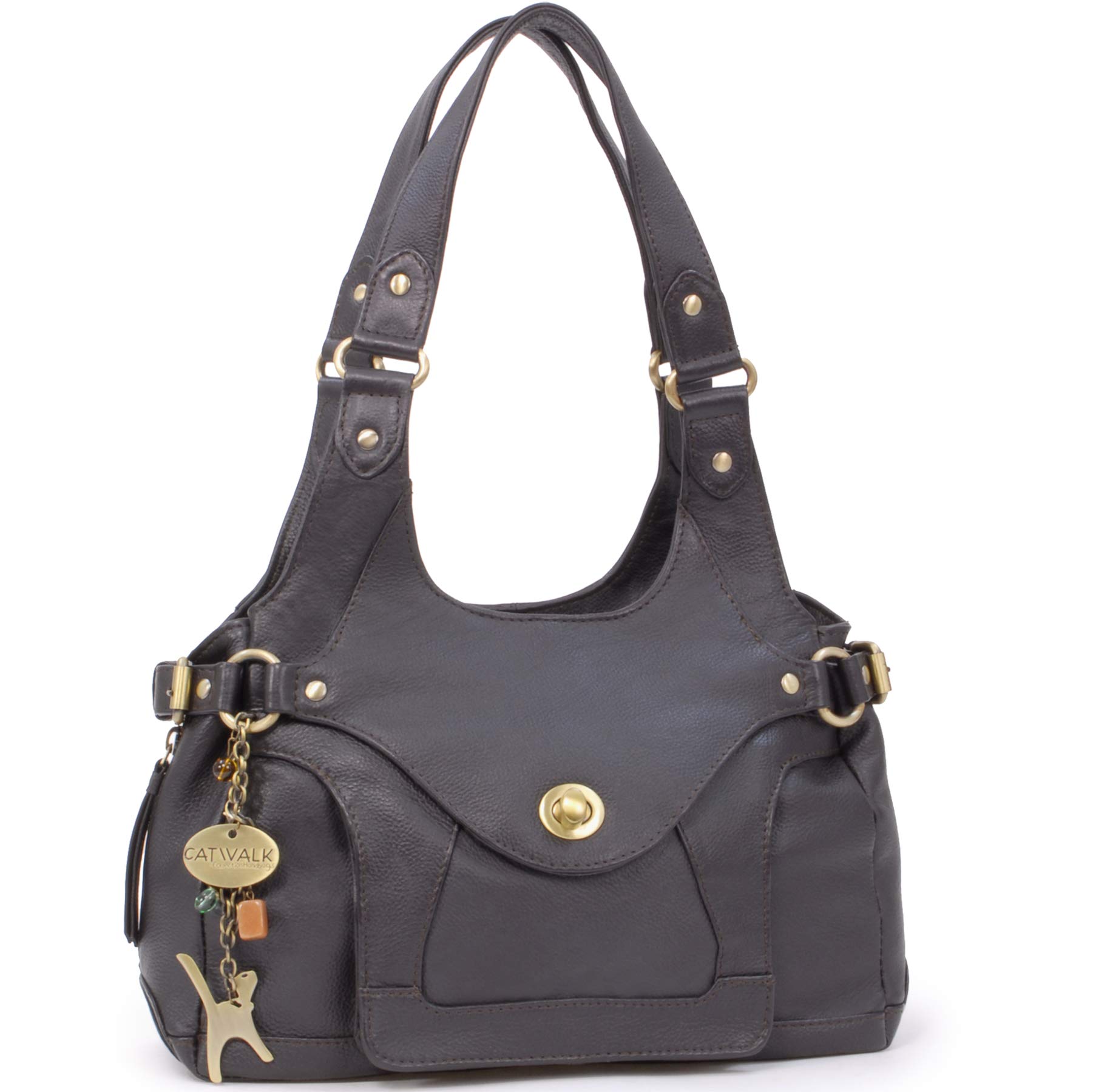 Catwalk Collection Handbags - Women's Leather Shoulder Bag - Medium Top Handle Bag - Roxanna - Dark Brown