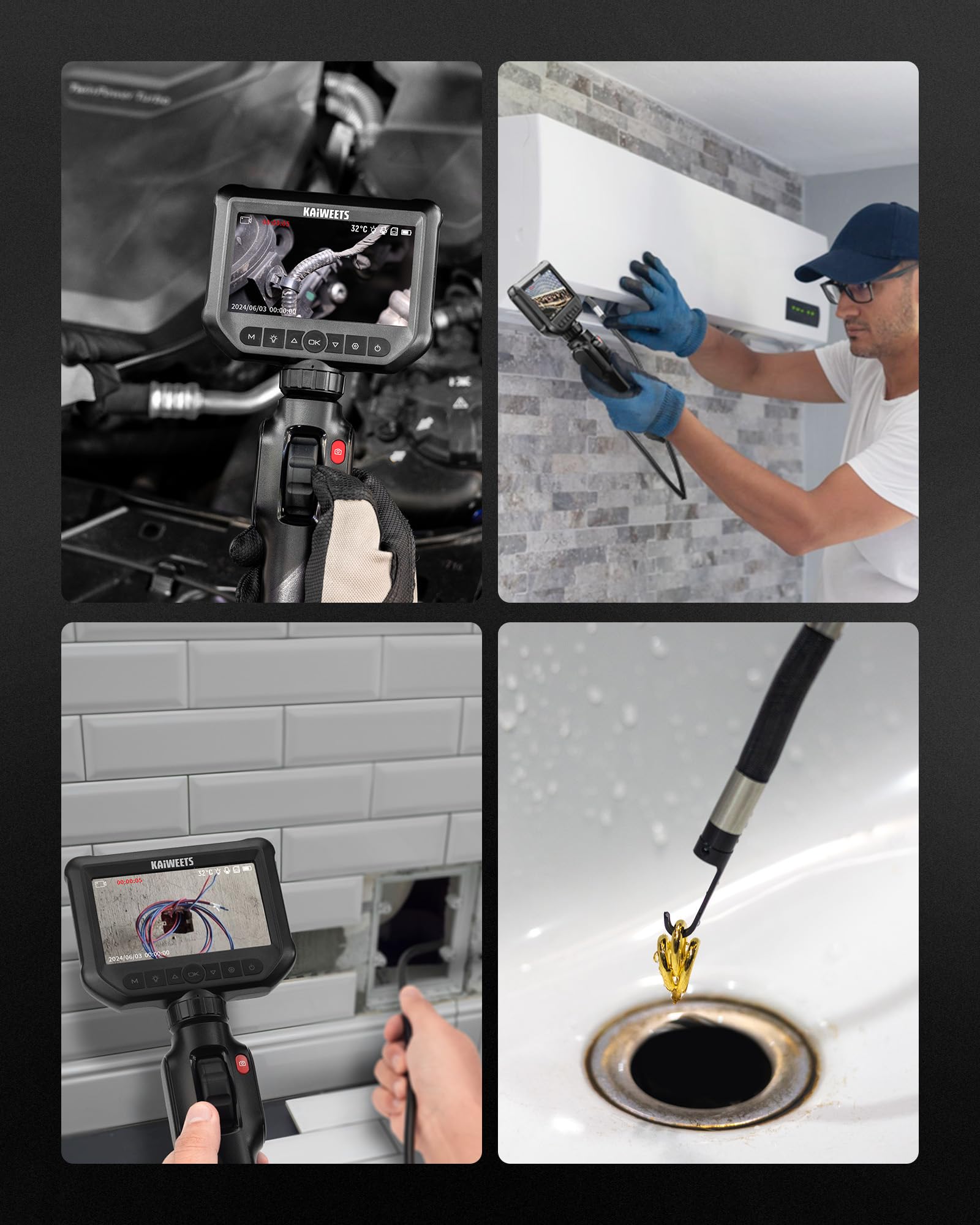 KAIWEETS Inspektionskameras Endoskopkamera mit Licht, 4,3''IPS 1080P Inspektionskamera mit Scrollradsteuerung Zwei-Wege 210° Drehung, Flexible Rohrkamera IP67 wasserdichte für Kfz und Rohrinspektion 9