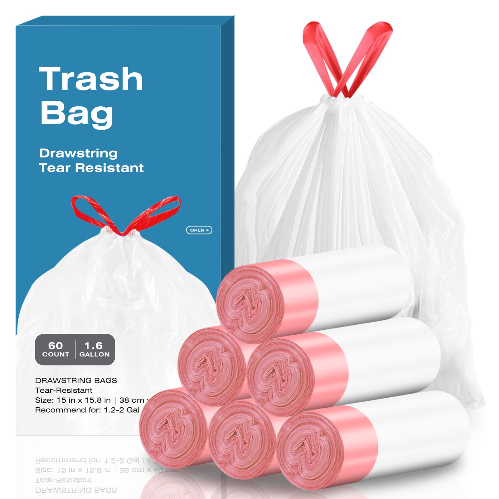 Photo 1 of KUK 1.6 Gallon Drawstring Trash Bags - 60 Count White Small Garbage Bags, Unscented Strong Plastic Waste Basket Liners for Home/Office/Car, Fits 4.5-8 Liter Bins, 6 Rolls with Tear-Free Design