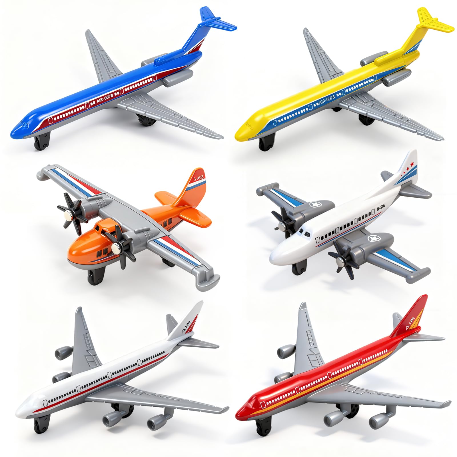 Hymaz Aeroplane Toys 6 Pack, Diecast Planes Toy for Boys Girls 3 4-7 8, Alloy Airplane Model/Glider Planes/Airlines Aircraft Plane Toys for Toddlers Kids Birthday Cake Toppers Airforce Party Favors