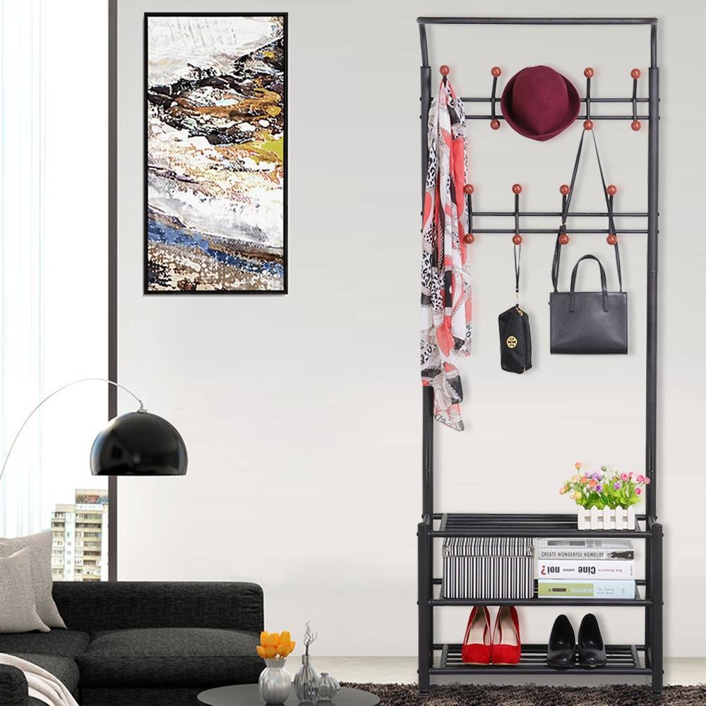 Yaheetech Metal Multi-purpose Garment Rack Coat Clothes Stand 3-Tier Shoes Rack Umbrella Stand With Hanging Hooks Black
