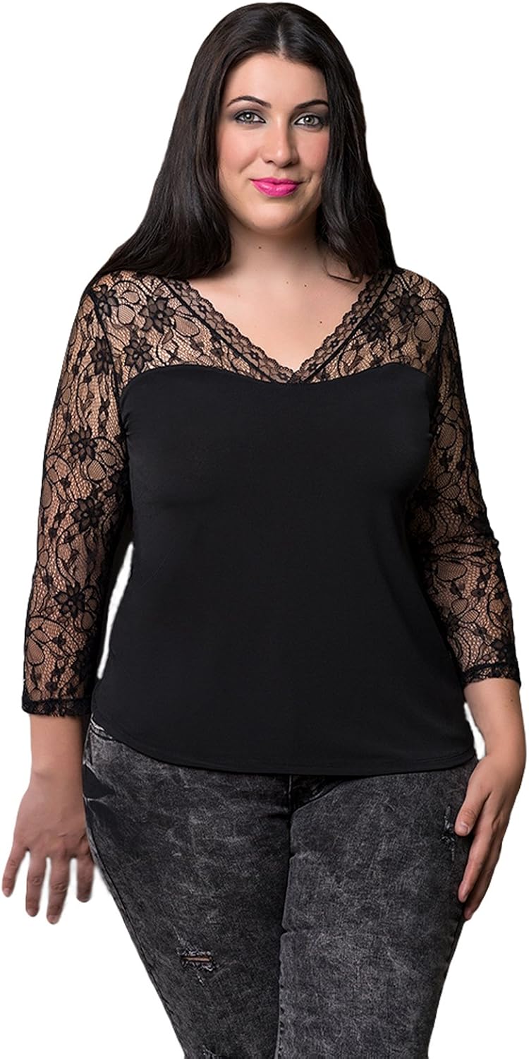 CARISAL FASHION, camiseta negra de manga larga encaje, moda curvy (54