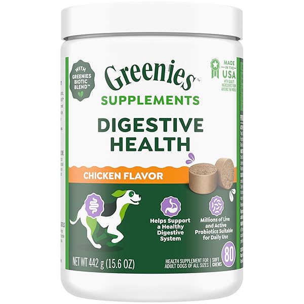 GREENIES SUPPLEMENTS DIGESTIVE HEALTH PROBIOTICS FOR DOGS CHICKEN FLAVOR, 15.6 OZ. TUB OF 80 CT. SOFT CHEWS DOG PROBIOTICS