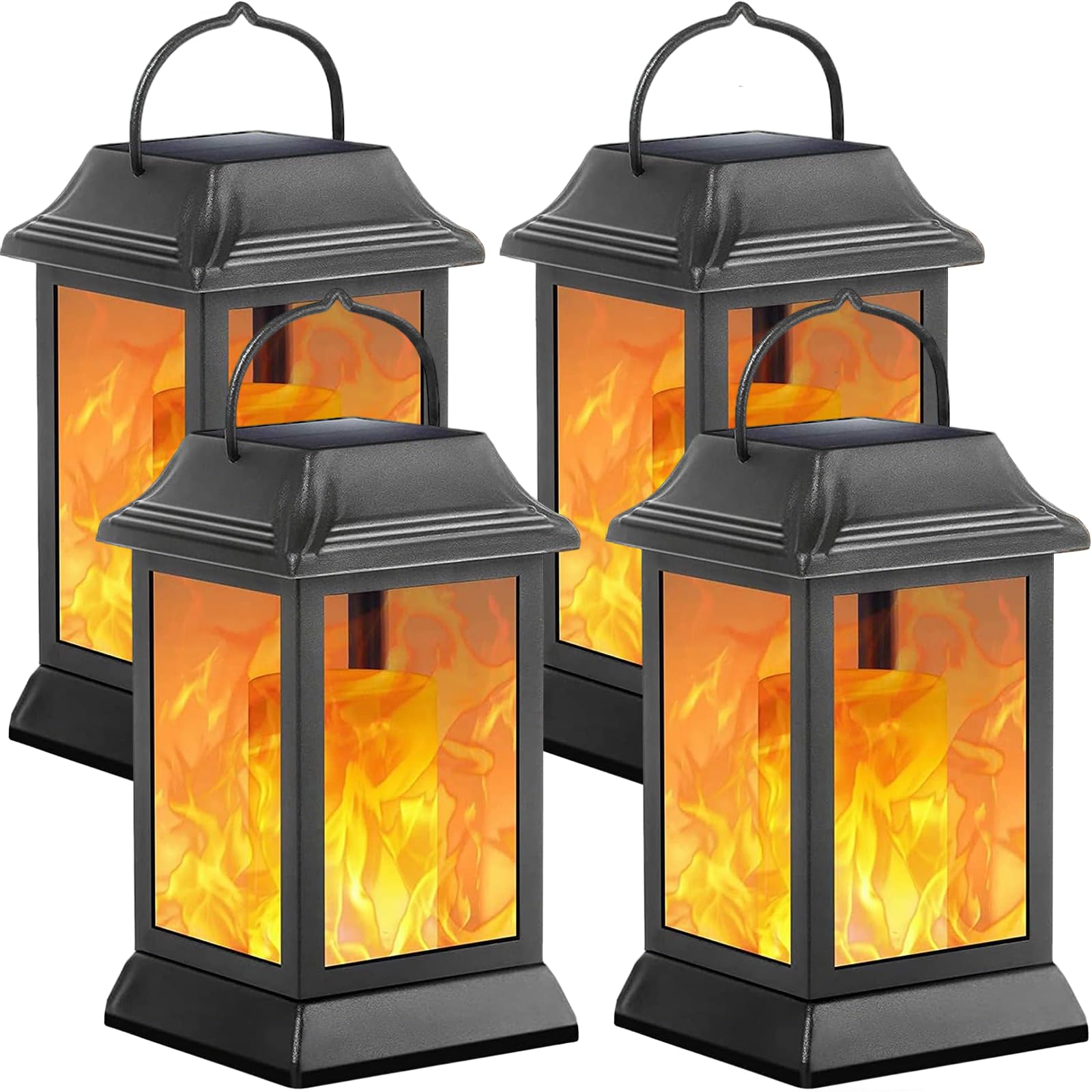 TomCare Flickering Flame Solar Lights Outdoor Metal Hanging Lantern, 4 Pack