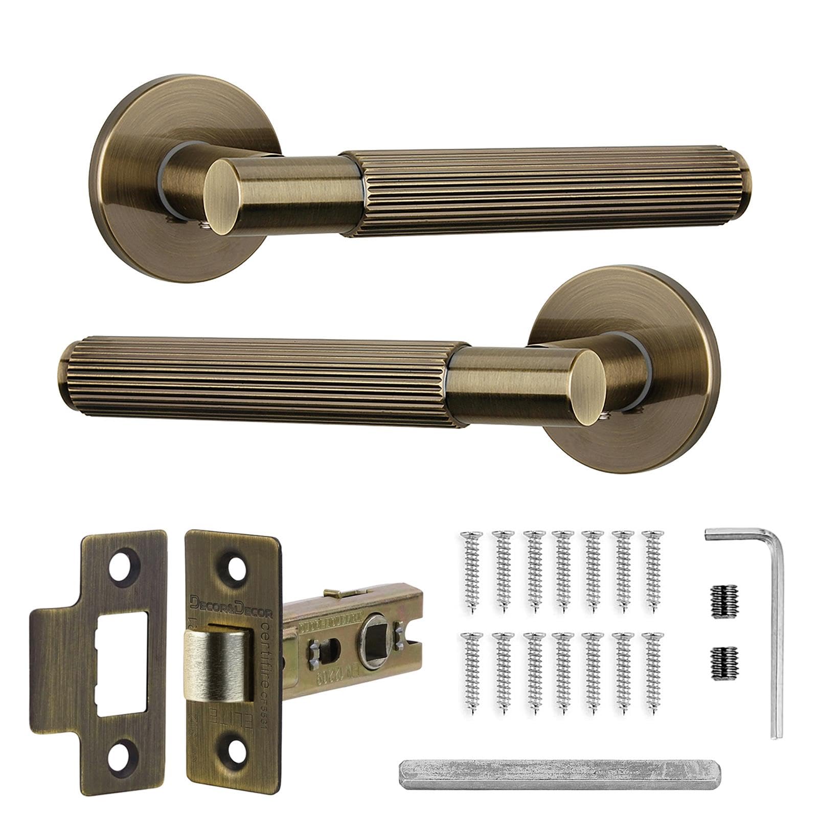 Decoranddecor Hera Antique Brass Internal Door Handles – Aluminium Handle Sets with Tubular Mortice Latch – Elegant and Durable Design for Wooden Interior Doors in Bedrooms and Living Spaces