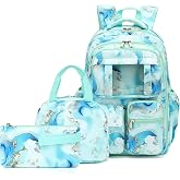 Marble School Backpack for Teens Girls, 3PCS Refrigerator Door Backpacks with Insulated Lunch Box Pencil Bag for Kids Women Students (Green)