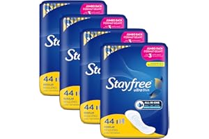 Stayfree Ultra Thin Regular Pads For Women, Wingless, Reliable Protection and Absorbency of Feminine Moisture, Leaks and Periods, 44 count - Pack of 4