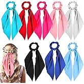 DOPENSPI 9PCS Colorful Solid Hair Scarf Scrunchies for Women, Elastic Satin Hair Ties with Long Ribbon Ponytail Holders with Bows Accessories for Women Girls