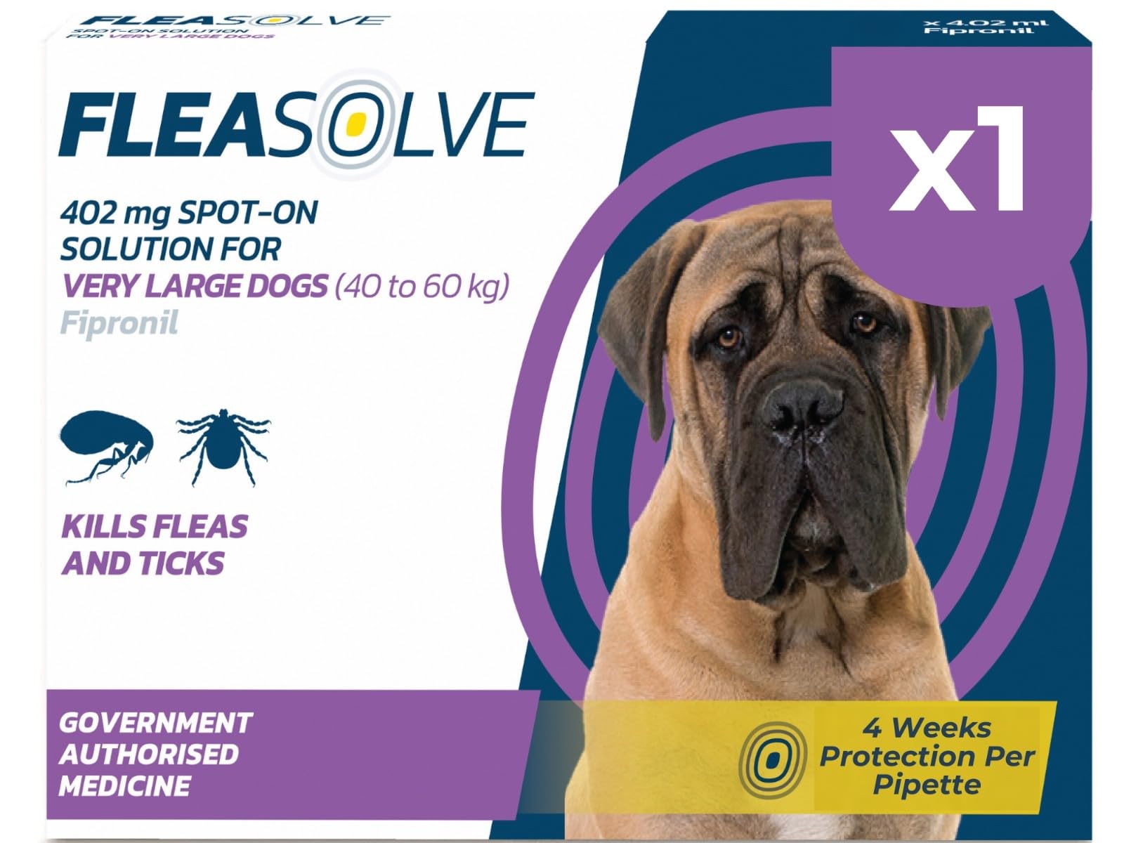 Dog Flea Treatment Extra Large Dogs x 1 - Flea Treatment for Dogs XL Very Large Dog 40-60 kg - Spot-On Solution for Fleas and Tick Control - FleaSolve 1 Pipette, 1 Dose
