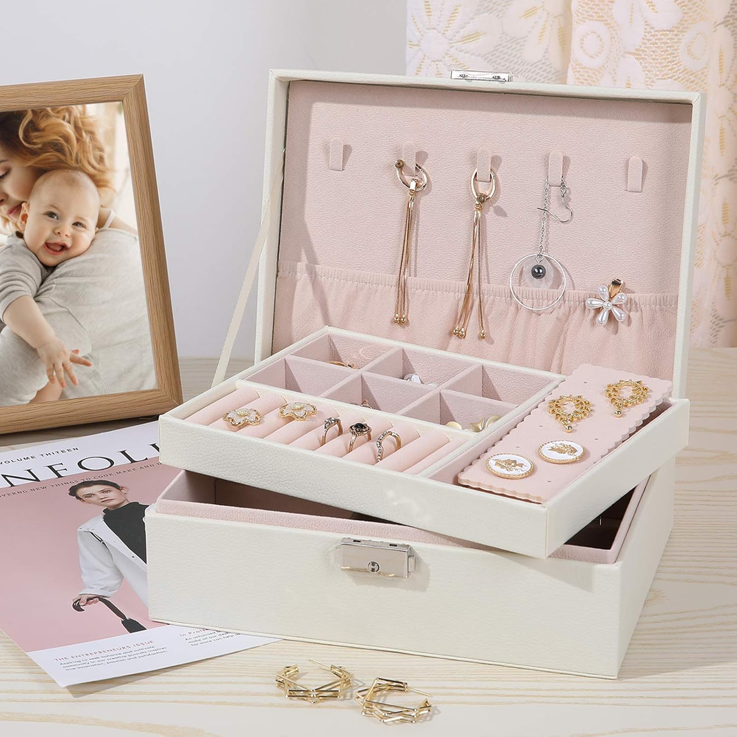 misaya Small Jewelry Organizer Box, Two Layer PU leather Jewelry Storage Box for Women with Removable Tray for Earring Ring Necklace Bracelet, Off White: Home & Kitchen
