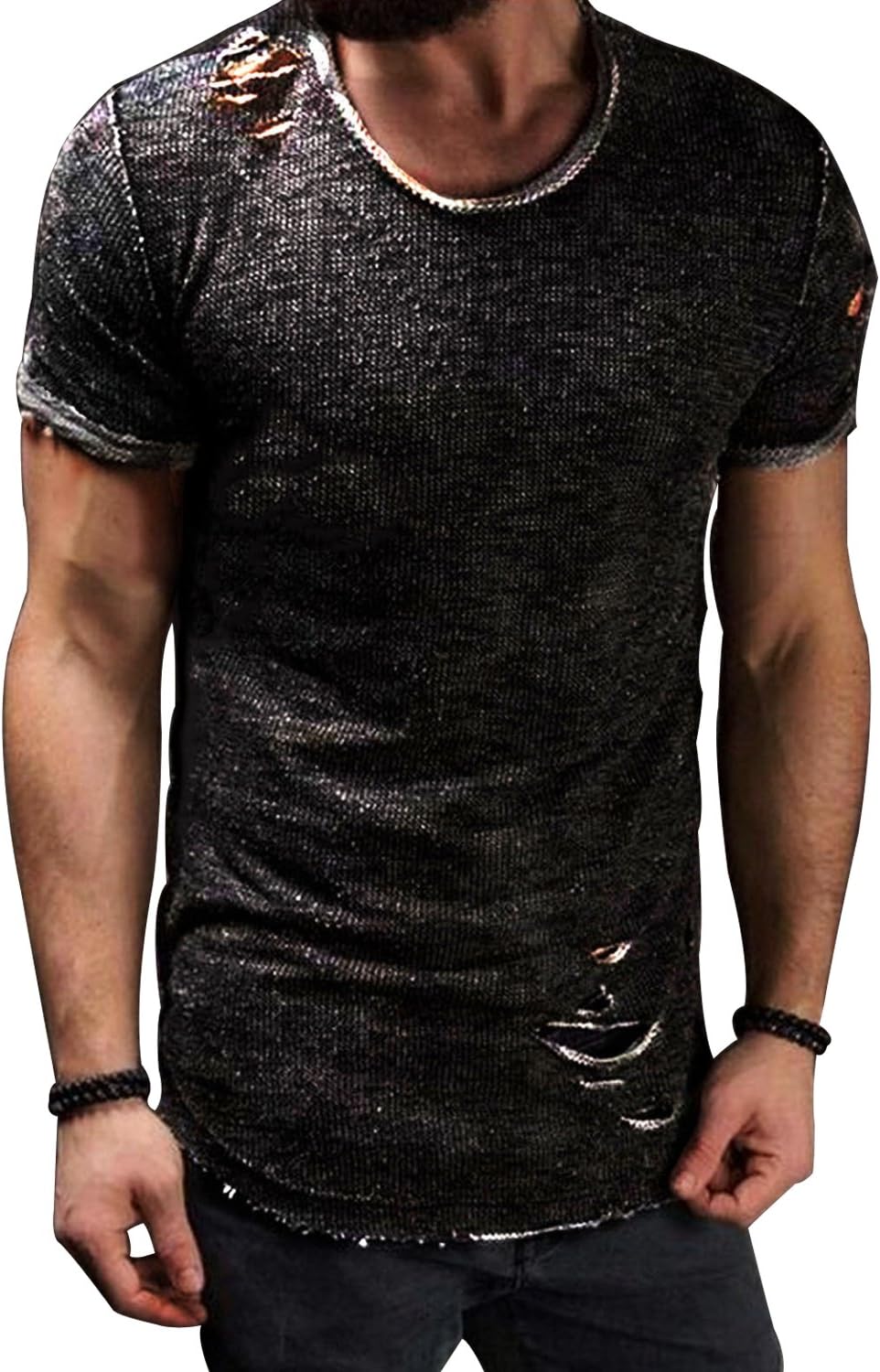 qilaizhongda Men's Casual Short Sleeve Slim Fit Muscle T-Shirt Top with Ripped Holes