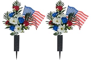 Memobloom Memorial Flowers for Cemetery Decorations: 2 Pcs Artificial Rose Grave Flower Arrangements Silk Funeral Sympathy Floral Bouquet with Vase Flag for Outdoors Grave Site Graveyard Decor