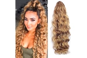 KETHBE 24 Inch Long Body Wave Ponytail hair Extension Synthetic Heat Resistant Wrap Around Drawstring Curly Wavy Ponytail Hairpieces for Women(Blonde Mix Brown)