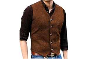 SOLOVEDRESS Mens Vintage Tweed Suit Vest V Neck Casual Wool Waistcoat for Wedding Groomsmen