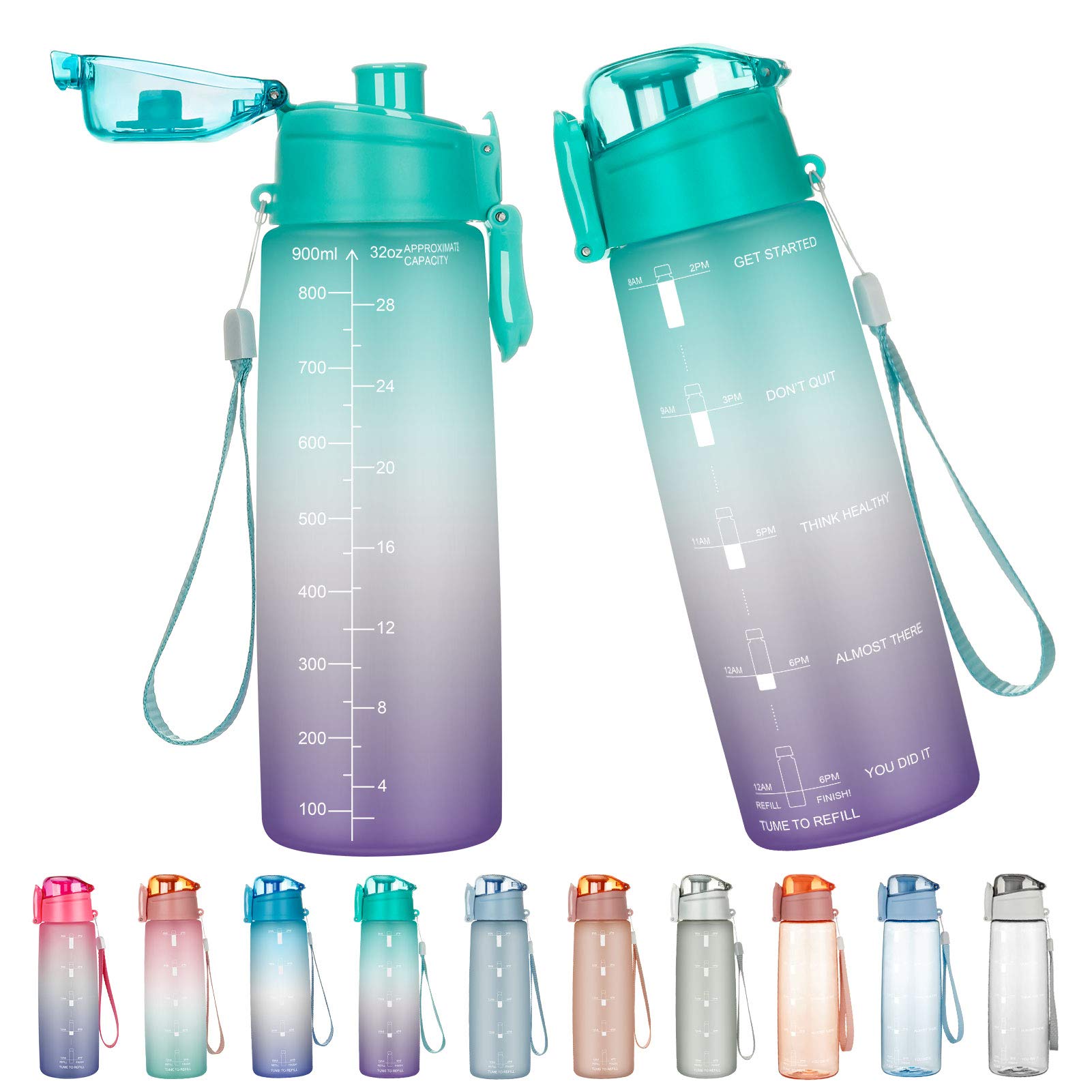 Lalafancy Motivational Water Bottle 900ml with Time Marker, BPA Free Tritan Plastic Drinks Bottles, Leak Proof Gym Bottle for Fitness, Outdoor, Camping, Sports, Cycling, Yoga