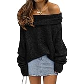 LILLUSORY Womens Off The Shoulder Sweater Oversized Batwing Sleeve Loose Pullover Sweaters Tops