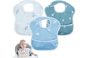 Little Dimsum 3 Pack baby waterproof bib easy to clean feeding weaning bib adjustable closure suitable for children with large pockets for 6-36 months (Boy)