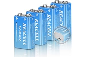 REACELL USB 9V Rechargeable Batteries, Long Lasting 800mAh / 7200mWh 9 Volt Lithium ion Rechargeable Battery, Quick Charge 9V Battery, 4 Packs