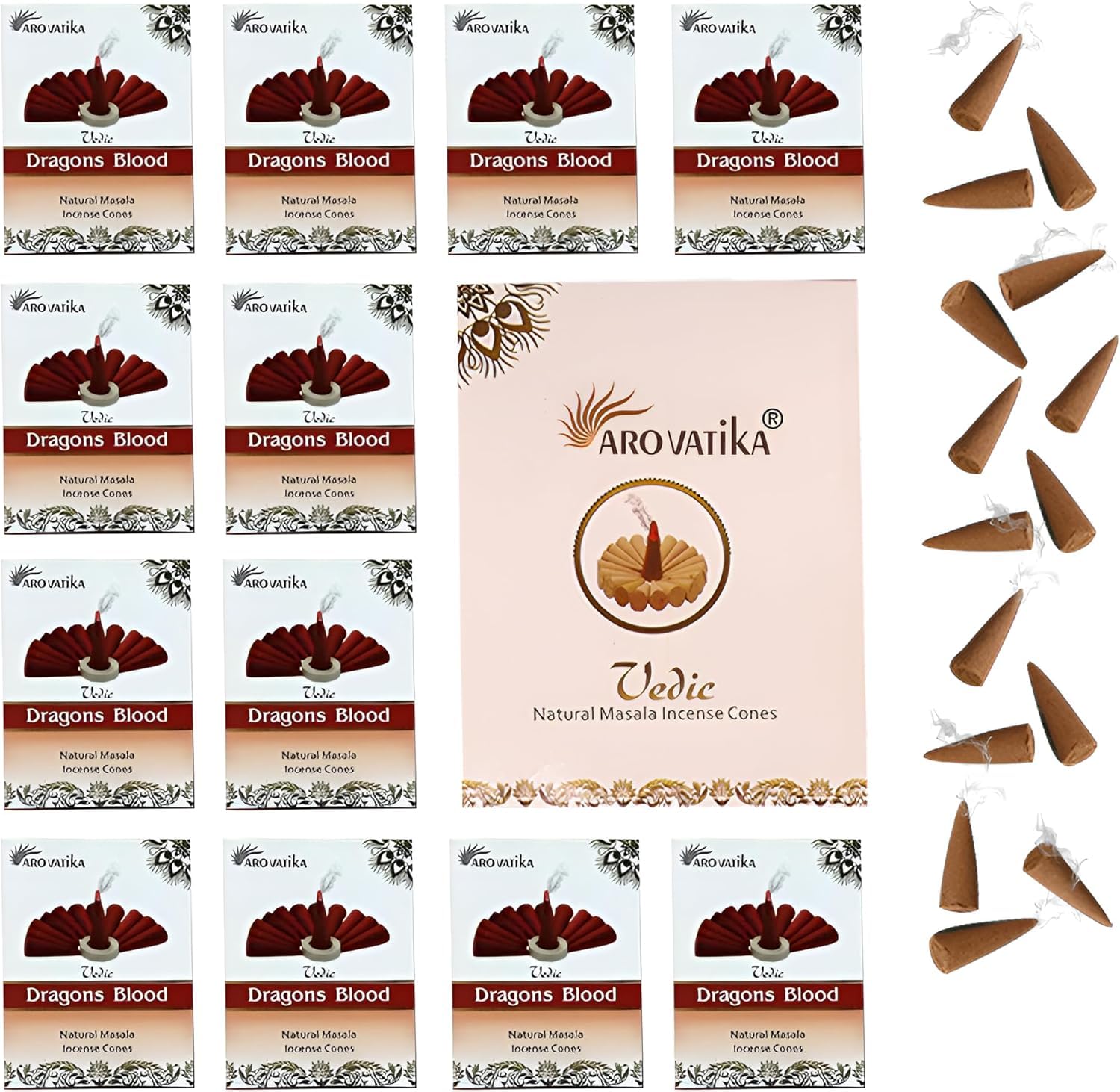 ARO VATIKA Vedic Dragon’s Blood Natural Masala Incense Cones 120 Cones in Pack of 12 Boxes | Best for Prayer, Meditation and Relaxation