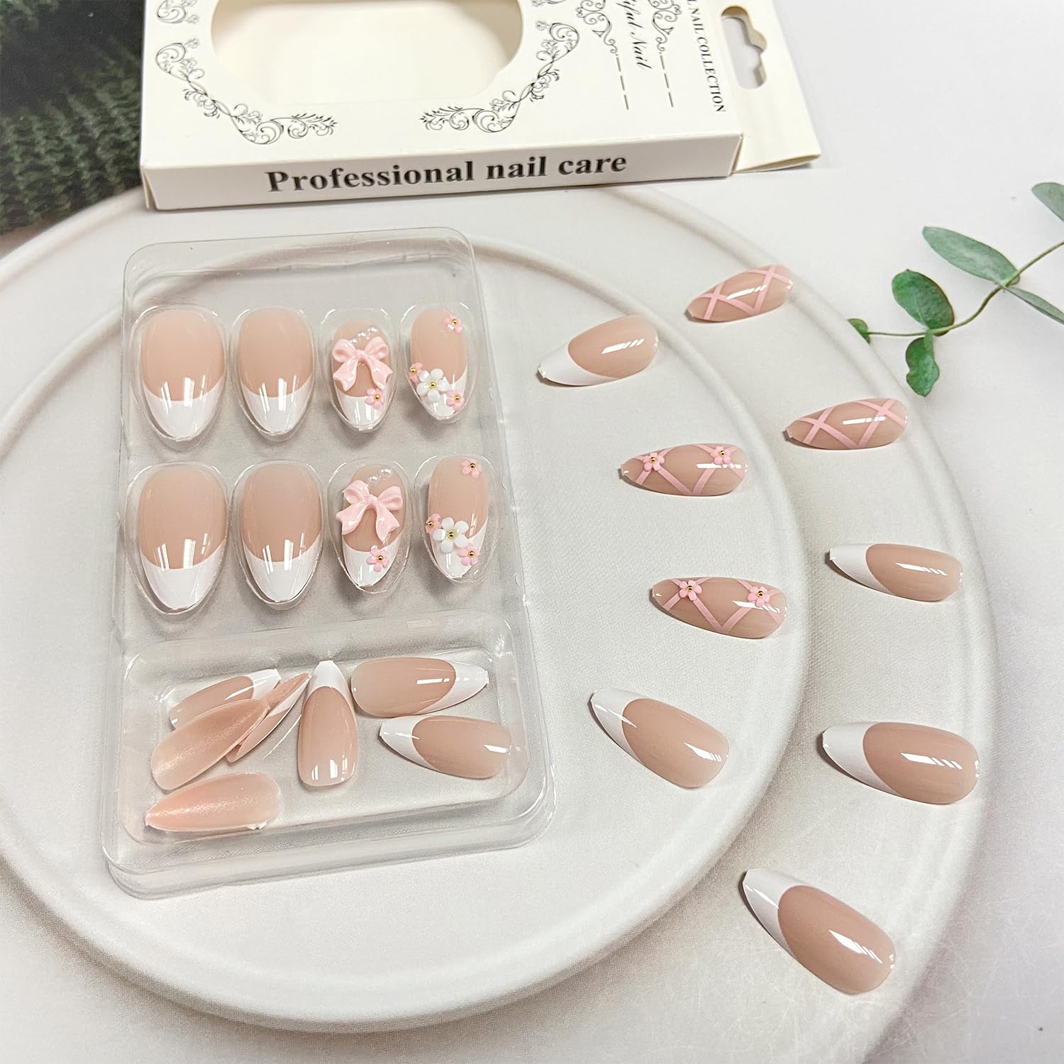 Tyuimhx 3D Pink Bow Press on Nails Medium Almond Fake Nails With 3D Pink White Flowers Pearls Designs White French Tip False Nails Full Cover Stick on Nails Acrylic Artificial Nails for Women 24Pcs - Image 4