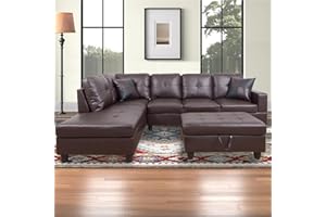 Caberryne Sectional Couch for Living Room Furniture Sets,Brown Leather Sectional Sofa L Shape Couch with Chaise and Storage Ottoman for Living Room/Apartment/Office（Facing Left Chaise）