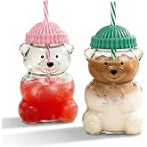 20oz Bear Glass Cup with Lid &amp;Straw 2 Pack, Reusable Glass Drinking Tumbler | Borosilicate Glass, Ideal for Iced Coffee, Cocktails &amp;More ,Dishwasher Safe .