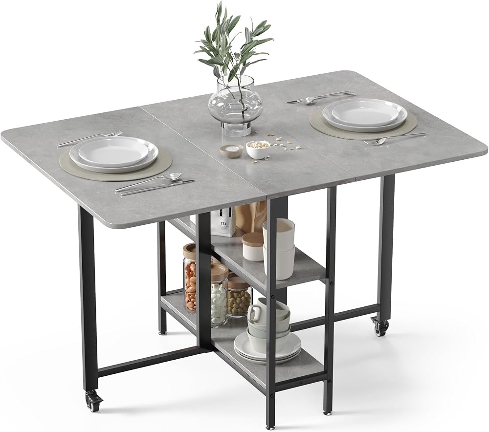MondeeR Folding Dining Table Grey 120x80x75 cm Extendable with Storage Shelves