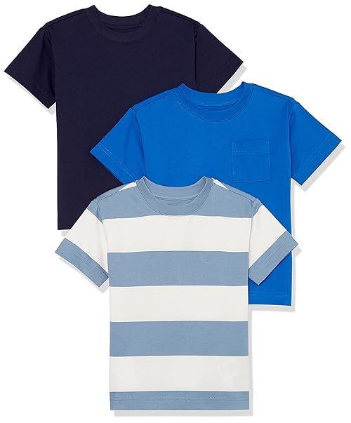 Amazon Essentials Unisex Toddlers' Modern Short-Sleeve T-Shirt, Pack of 3, Bright Blue/Dark Navy/White Rugby Stripe, 2T