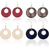 Just Follow 4 Pairs Round Wooden Statement Dangle Earrings for Women Girl Hollow Out Ethnic Wood Drop Earrings Stainless Steel Stud