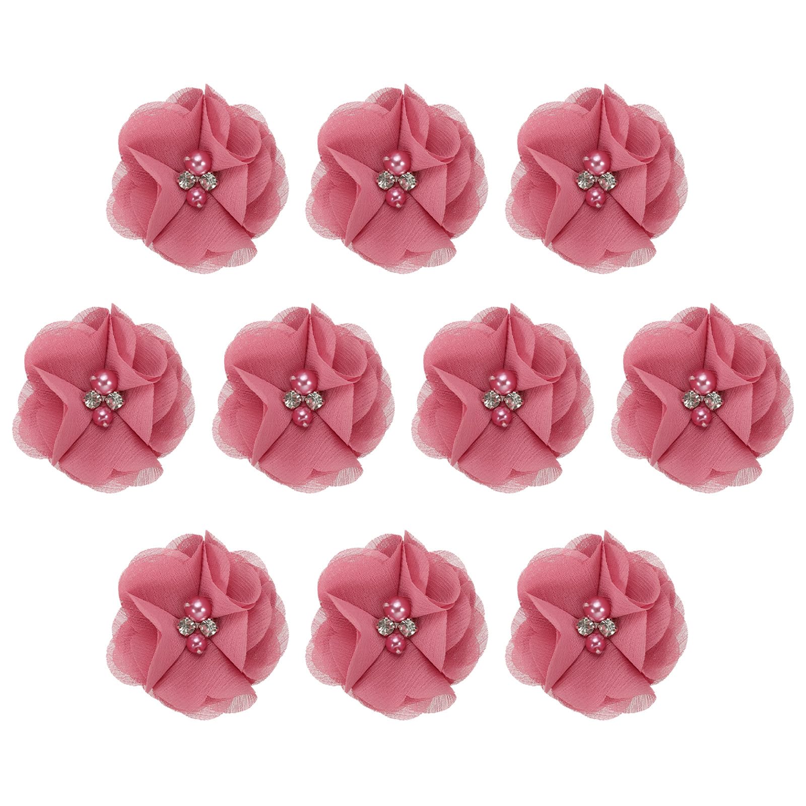 PATIKIL 2" Chiffon Flowers, 10Pcs Fabric Flowers Sewing Appliques Embellishments with Rhinestone Pearl for DIY Crafts Wedding Headbands Party Decoration, Light Red