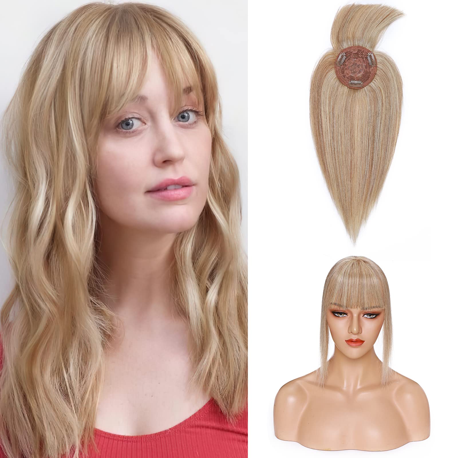 Photo 1 of Benehair 150% Density 6 Inch Human Hair Toppers for Women With Bangs - Mono Base Clip in Top Pieces for Thinning/Gray/Loss - Golden Brown&Bleach Blonde #12P613
