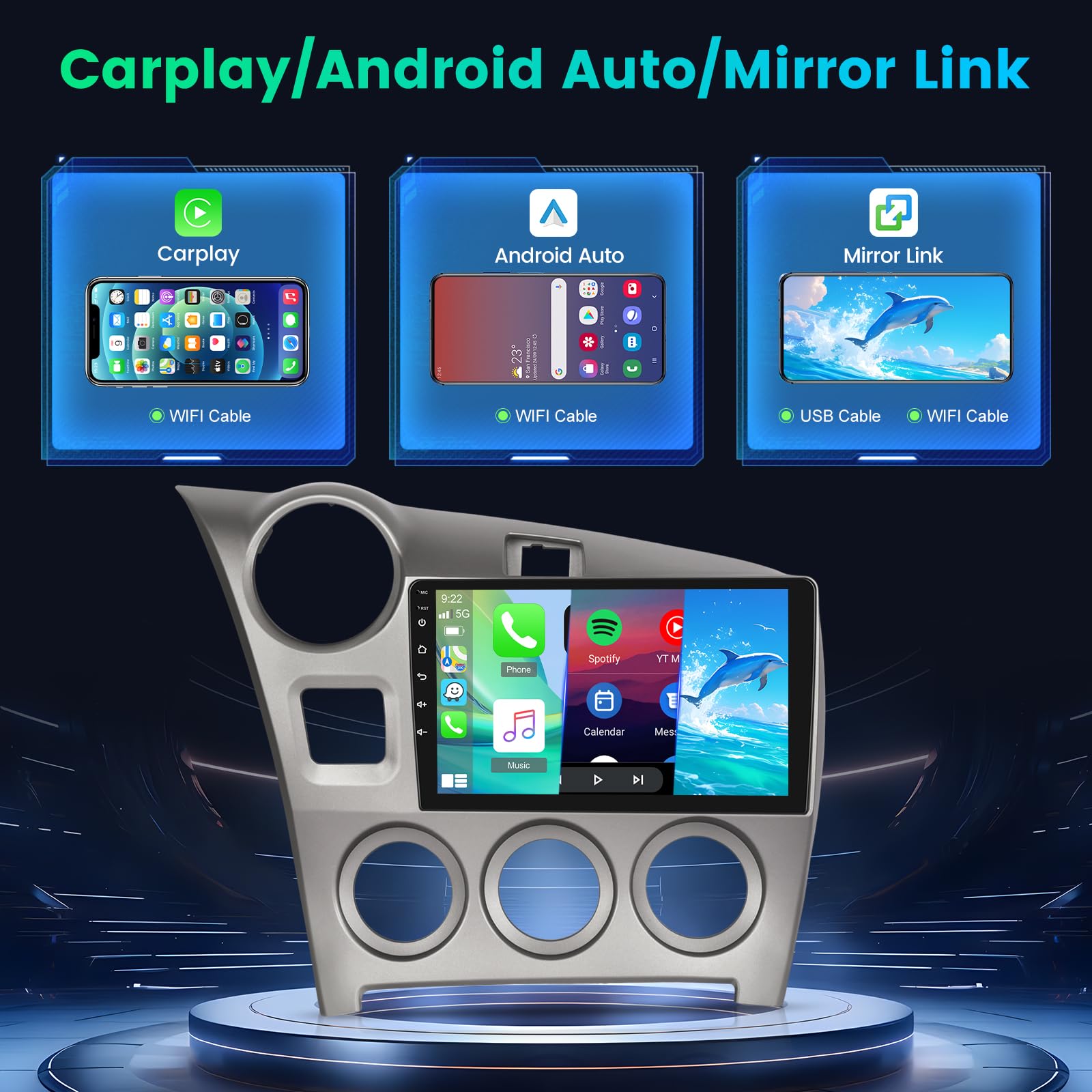 [2+64G] Android Car Stereo for Toyota Matrix 2009-2014, 9 inch HD Touchscreen Aftermarket Radio - Wireless Carplay & Android Auto, WiFi, DSP, Mirror Link, FM/RDS Radio, SWC + AHD Backup Camera
