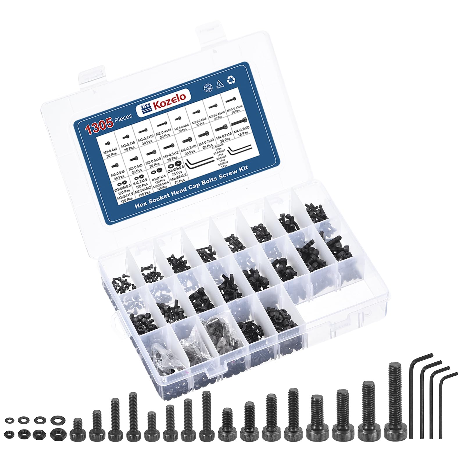 Kozelo 1305pcs Socket Head Cap Screws Bolts Nuts Assortment Kit - [M2/M2.5/M3/M4] Alloy Steel Fully Threaded Black Oxide 12.9 Internal Hex Screw for 3D Printer Use, with Wrench