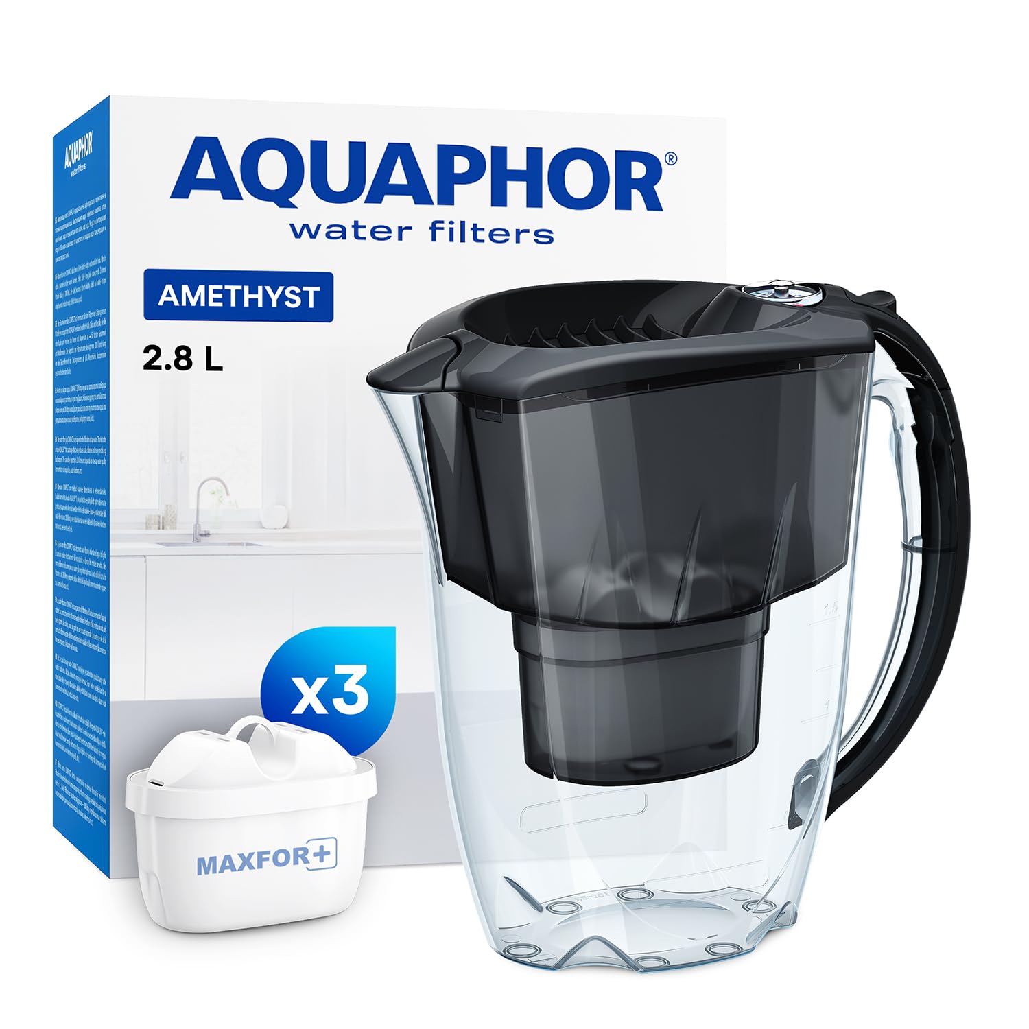 AQUAPHOR Amethyst Fridge Water Filter Jug, Includes 3 x Maxfor+ Cartridges to Reduce Lime, Chlorine & Heavy Metals, Plastic, Volume 2.8 L. (Black)