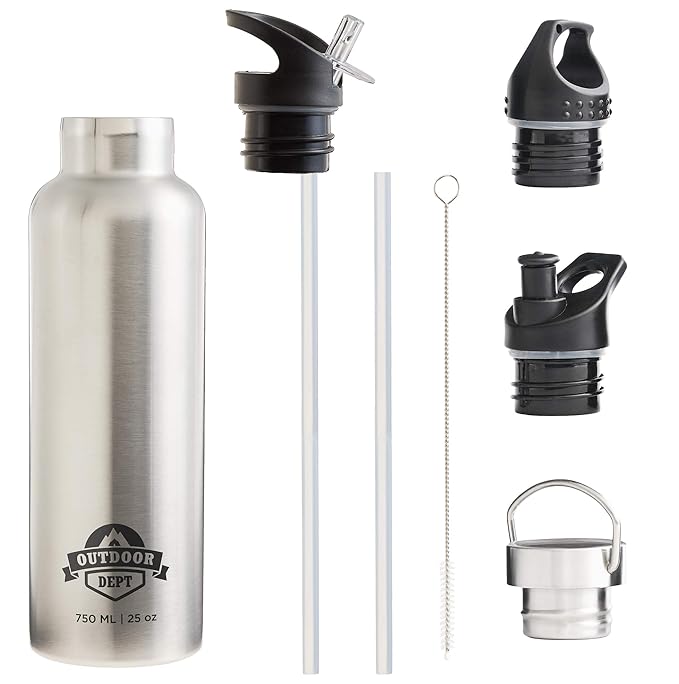OUTDOOR DEPT Isolierte Edelstahl Trinkflasche 750 ML 4 Deckel BPA frei für Kohlensäure