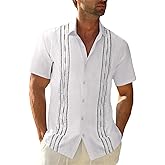 GRMNSG Mens Linen Guayabera Shirts Short Sleeve Summer Beach Casual Cuban Shirt