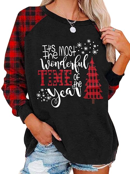 TAOHONG Merry Christmas Sweartshirt for Women Xmas Buffalo Plaid Tree Tops Color Block Snowflake Print Long Sleeve Shirt