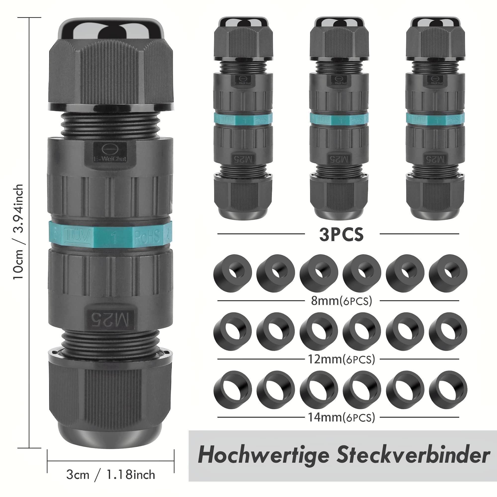 HOSPAOP Kabelverbinder Wasserdicht 5 Polig, IP68 Verbindungsmuffe Erdkabel Abzweigdose für Ø5-14mm Kabeldurchmesser, Verteilerdose Außen Wasserdicht Verbindungsbox Schwarz, 3 Stück, Kunststoff 6