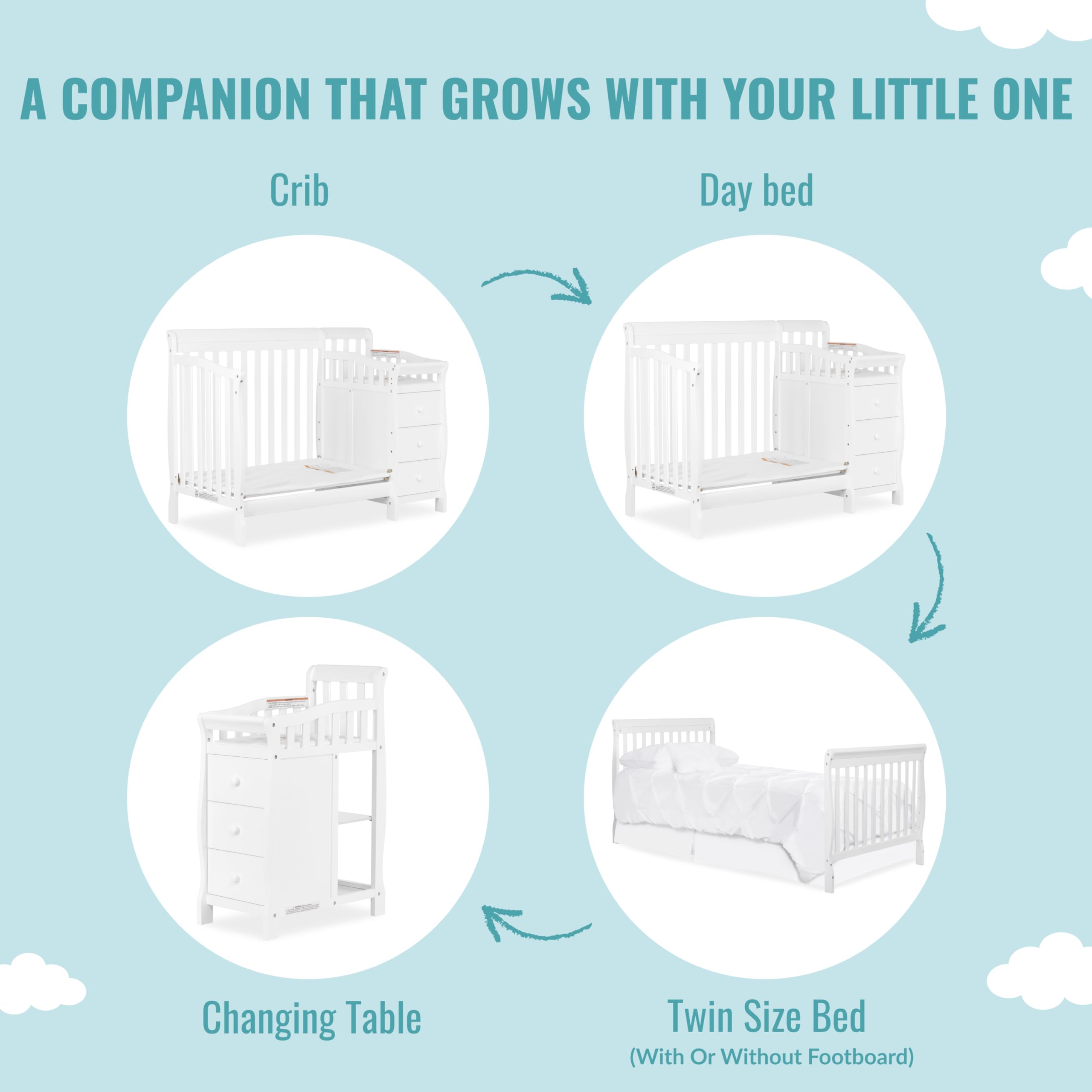 Dream On Me Jayden 4‑in‑1 Mini Convertible Baby Crib & Changer with Storage in White, Pinewood, GreenGuard Gold & JPMA, 1” Mattress Pad, 3 Mattress Heights, Converts to Mini Day & Twin-Size Bed
