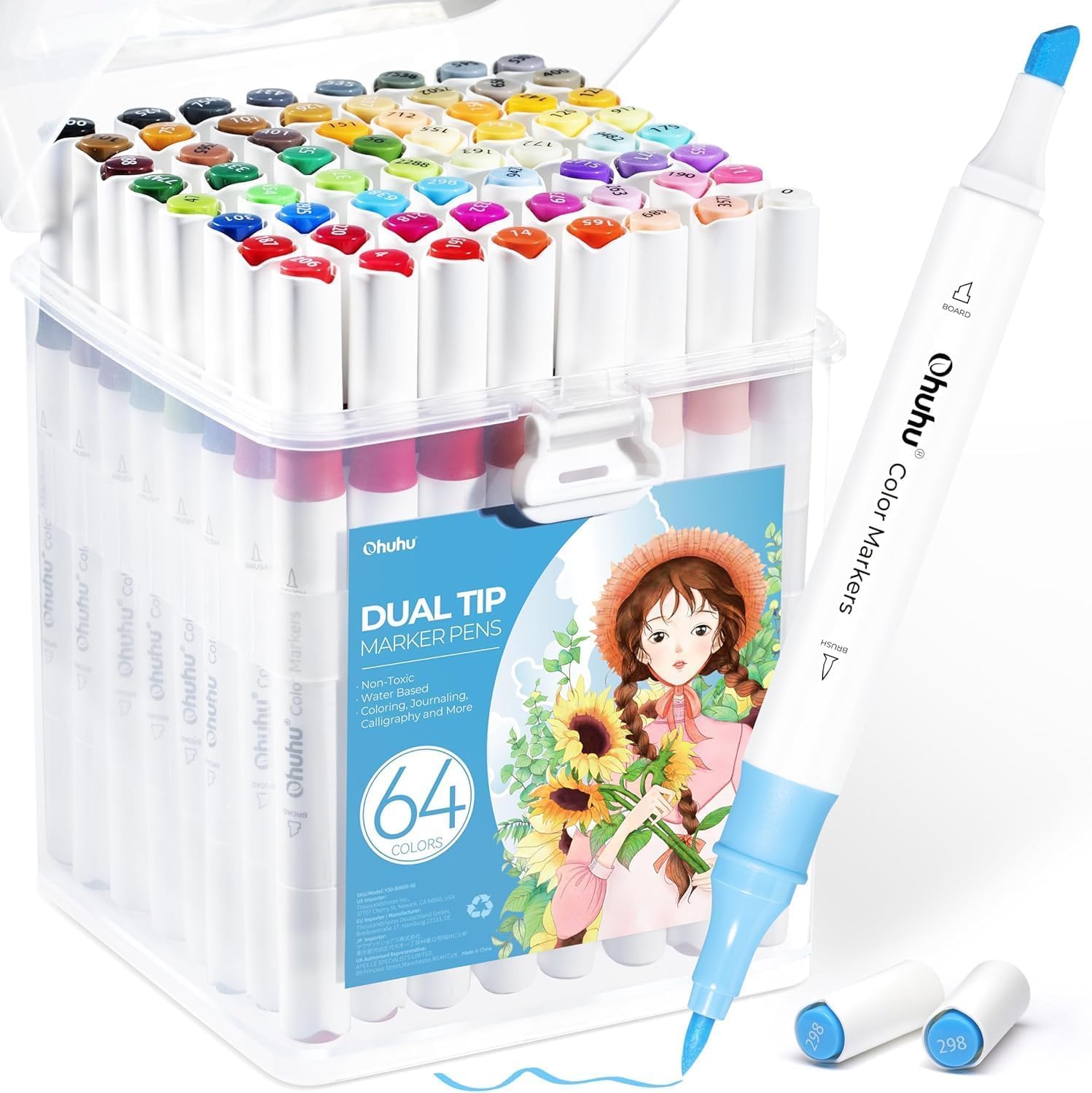 Ohuhu 64 Colours Water-Based Dual Tip Markers – Chisel & Brush Pens for Adult Colouring Books, No Bleed, Odourless & Non-Toxic, Ideal for Beginners Lettering & Journaling