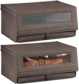 mDesign Juego de 2 cajas para zapatos de fibra sintética (grandes) – Cajas apilables con ventana, cierre adhesivo y tapa abatible – Prácticas cajas organizadoras para armarios – color café 