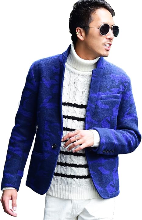 Amazon バーニングスショウ Bernings Sho テーラードジャケット ニットテーラード メンズ ウール スリム 大きいサイズ Xl ブルー 70 コート ジャケット 通販