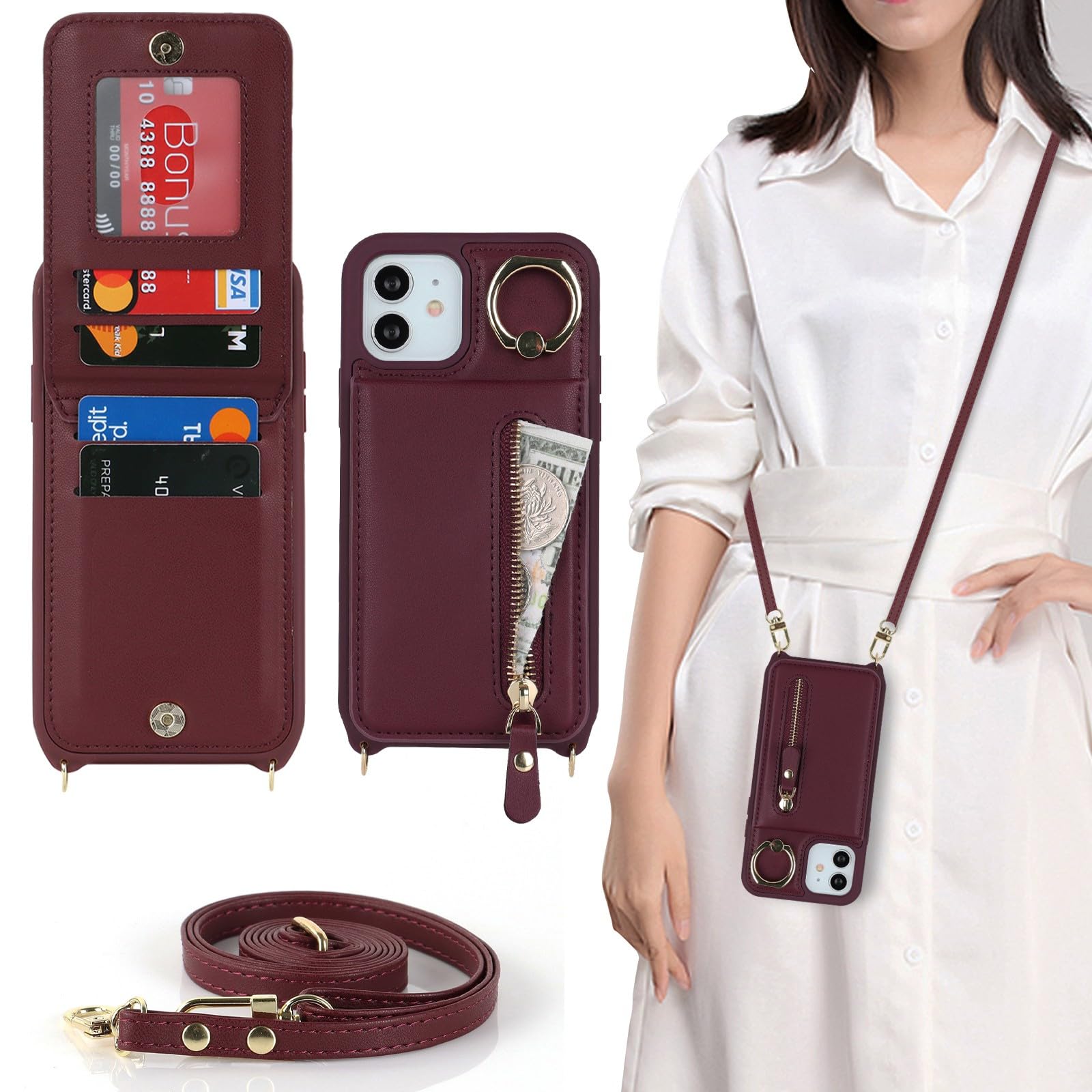 Zouzt for iPhone 12 Pro Max/iPhone 13 Pro Max 6.7 Inch Case with Cord and Card Holde, Zipper Wallet Case with Crossbody Lanyard Ring Adjustable Necklace Protective Cover Women - Burgundy