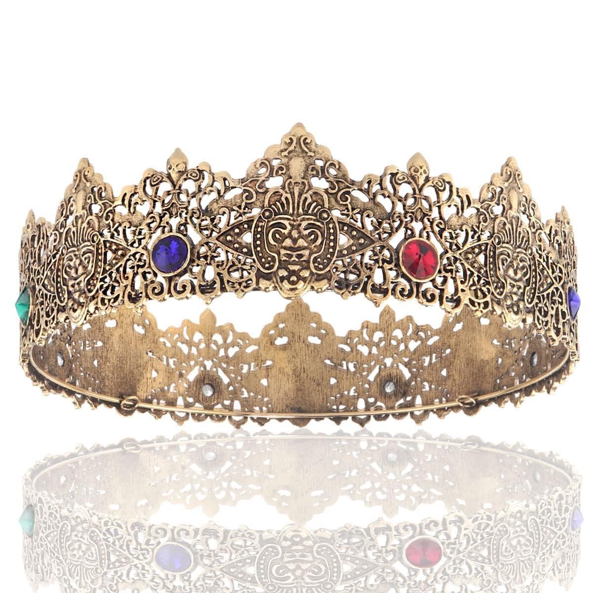 LEEMASING King Men Gold Tiara Crown Imperial Medieval Headband Crystal Pageant Costumes For Wedding Halloween Faire Birthday (Dark Gold With Colorful Stone)